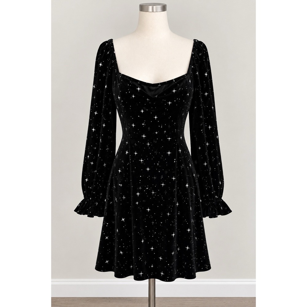 Cider 1XL Black Velvet Celestial Star Square Neck Mini Dress Whimsigoth Witchy